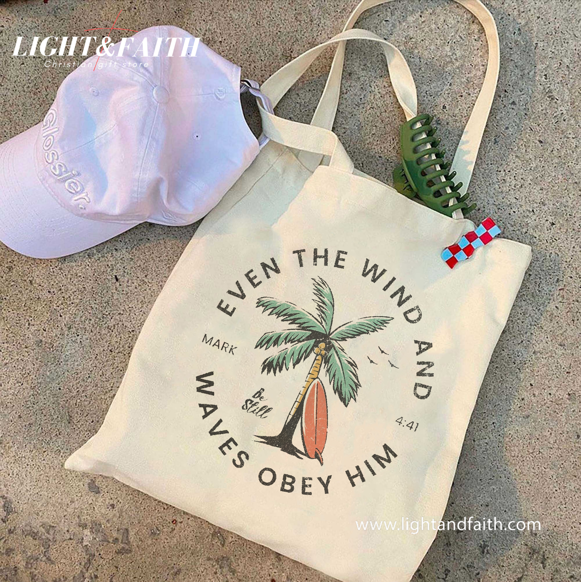 Christian Tote Bag Mark 4:41, Even the Wind and Waves Obey Him Bag, Be Still Bible Verse Tote, Scripture Beach Faith Canvas Bag TBLAF34